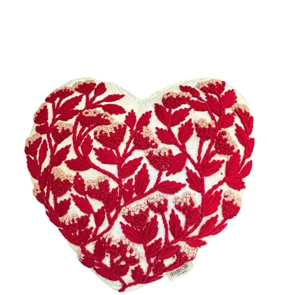 Shabby Chic Heart Shape Embroidered Floral Throw Bed Pillow White Red Cotton - Picture 3 of 6